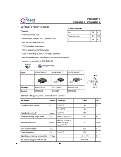 Infineon ipp08cne8n rev1.07  . Electronic Components Datasheets Active components Transistors Infineon ipp08cne8n_rev1.07.pdf