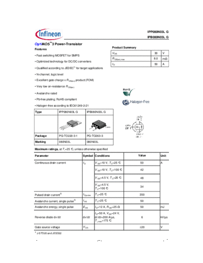 Infineon ipp080n03l rev2.0  . Electronic Components Datasheets Active components Transistors Infineon ipp080n03l_rev2.0.pdf