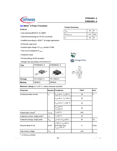 Infineon ipp096n03l rev2.0  . Electronic Components Datasheets Active components Transistors Infineon ipp096n03l_rev2.0.pdf