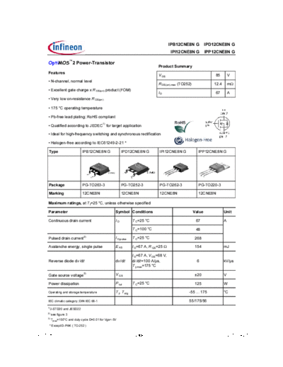 Infineon ipp12cne8n rev1.08  . Electronic Components Datasheets Active components Transistors Infineon ipp12cne8n_rev1.08.pdf