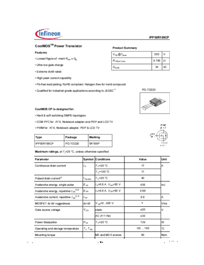 Infineon ipp50r199cp rev2[1].0  . Electronic Components Datasheets Active components Transistors Infineon ipp50r199cp_rev2[1].0.pdf