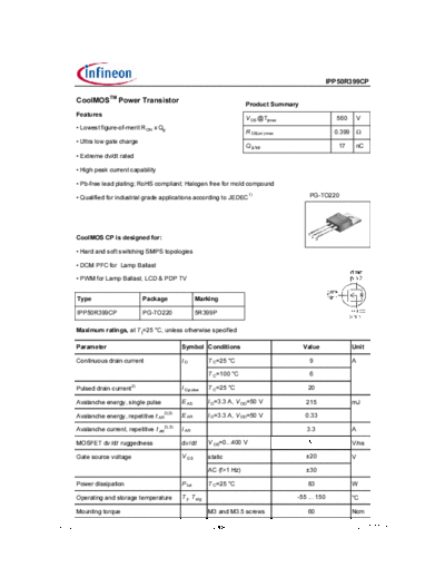 Infineon ipp50r399cp rev2[1].0  . Electronic Components Datasheets Active components Transistors Infineon ipp50r399cp_rev2[1].0.pdf
