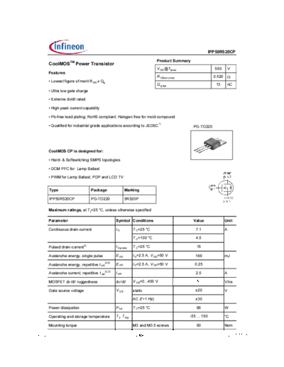 Infineon ipp50r520cp rev2[1].0  . Electronic Components Datasheets Active components Transistors Infineon ipp50r520cp_rev2[1].0.pdf