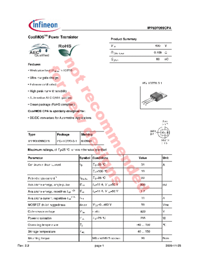 Infineon ipp60r099cpa  . Electronic Components Datasheets Active components Transistors Infineon ipp60r099cpa.pdf