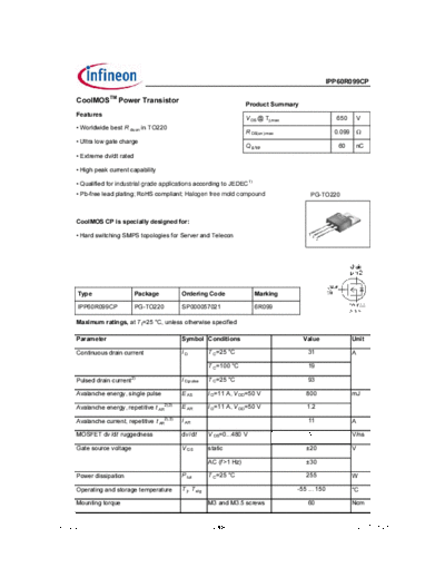 Infineon ipp60r099cp rev2.2  . Electronic Components Datasheets Active components Transistors Infineon ipp60r099cp_rev2.2.pdf