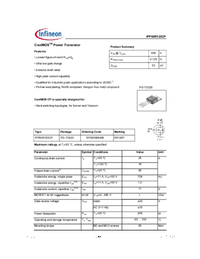 Infineon ipp60r125cp rev2.2  . Electronic Components Datasheets Active components Transistors Infineon ipp60r125cp_rev2.2.pdf
