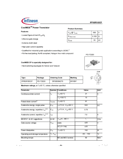 Infineon ipp60r165cp rev2.2  . Electronic Components Datasheets Active components Transistors Infineon ipp60r165cp_rev2.2.pdf