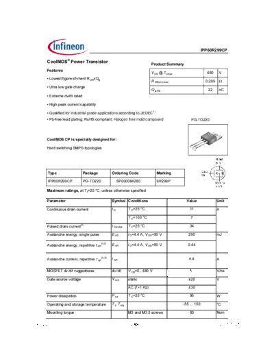 Infineon ipp60r299cp rev2.2  . Electronic Components Datasheets Active components Transistors Infineon ipp60r299cp_rev2.2.pdf