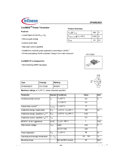 Infineon ipp60r520cp rev2.0  . Electronic Components Datasheets Active components Transistors Infineon ipp60r520cp_rev2.0.pdf