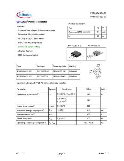 Infineon ipp80n04s2l-03 ipb80n04s2l-03 green  . Electronic Components Datasheets Active components Transistors Infineon ipp80n04s2l-03_ipb80n04s2l-03_green.pdf