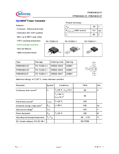 Infineon ipp80n06s2-07 ipb80n06s2-07 ipi80n06s2-07 green  . Electronic Components Datasheets Active components Transistors Infineon ipp80n06s2-07_ipb80n06s2-07_ipi80n06s2-07_green.pdf