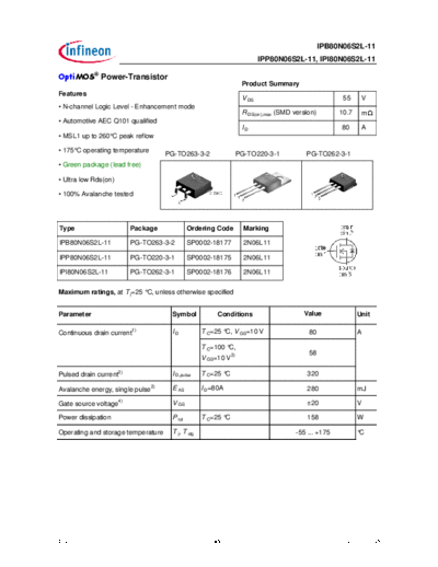 Infineon ipp80n06s2l-11 ipb80n06s2l-11 ipi80n06s2l-11  . Electronic Components Datasheets Active components Transistors Infineon ipp80n06s2l-11_ipb80n06s2l-11_ipi80n06s2l-11.pdf
