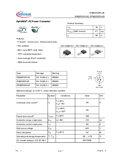 Infineon ipp80p03p4-05 ipb80p03p4-05 ipi80p03p4-05  . Electronic Components Datasheets Active components Transistors Infineon ipp80p03p4-05_ipb80p03p4-05_ipi80p03p4-05.pdf