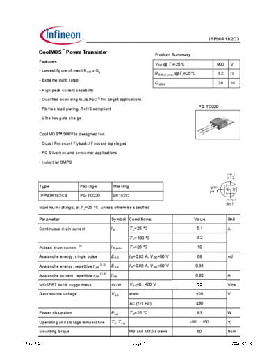 Infineon ipp90r1k2c3 1[1].0  . Electronic Components Datasheets Active components Transistors Infineon ipp90r1k2c3_1[1].0.pdf