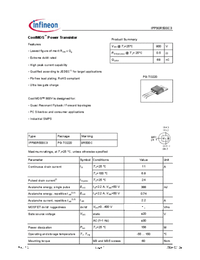 Infineon ipp90r500c3 1[1].0  . Electronic Components Datasheets Active components Transistors Infineon ipp90r500c3_1[1].0.pdf