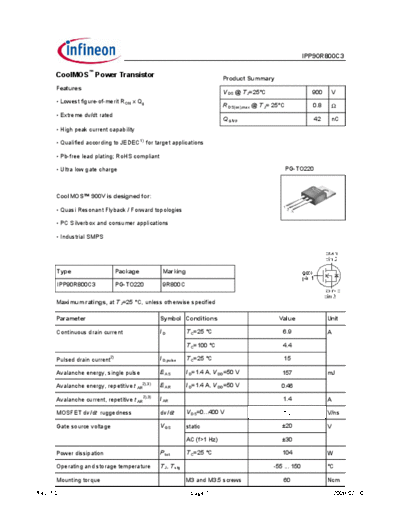 . Electronic Components Datasheets ipp90r800c3 1[1].0  . Electronic Components Datasheets Active components Transistors Infineon ipp90r800c3_1[1].0.pdf