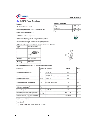 . Electronic Components Datasheets ipp114n12n3g rev2.3  . Electronic Components Datasheets Active components Transistors Infineon ipp114n12n3g_rev2.3.pdf