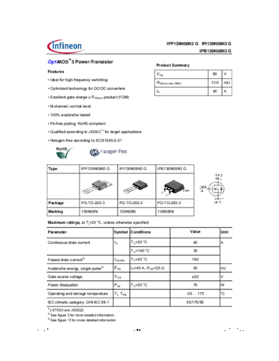 Infineon ipp139n08n3 rev2.5  . Electronic Components Datasheets Active components Transistors Infineon ipp139n08n3_rev2.5.pdf