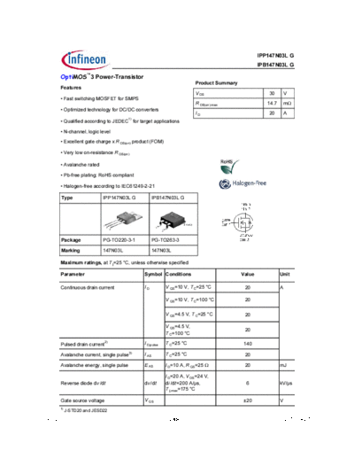 Infineon ipp147n03l rev2.0  . Electronic Components Datasheets Active components Transistors Infineon ipp147n03l_rev2.0.pdf