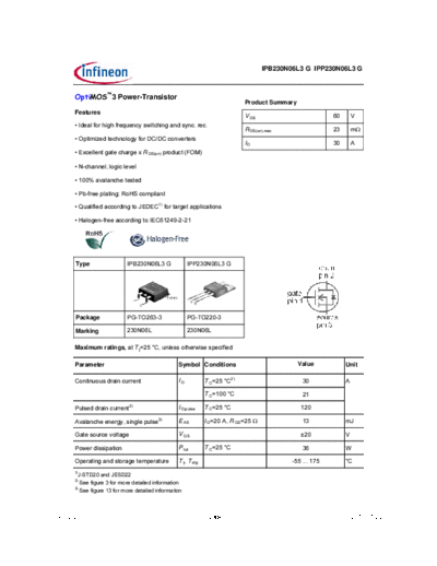 Infineon ipp230n06l3 ipb230n06l3 rev2.2  . Electronic Components Datasheets Active components Transistors Infineon ipp230n06l3_ipb230n06l3_rev2.2.pdf