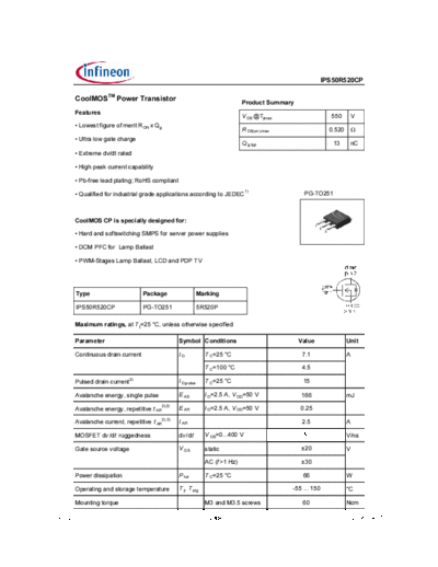 Infineon ips50r520cp rev2.1  . Electronic Components Datasheets Active components Transistors Infineon ips50r520cp_rev2.1.pdf