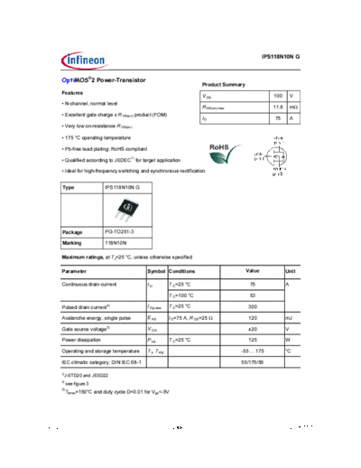 Infineon ips118n10n rev2.1  . Electronic Components Datasheets Active components Transistors Infineon ips118n10n_rev2.1.pdf