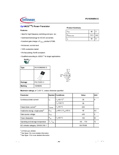 Infineon ipu103n08n3 rev2.11  . Electronic Components Datasheets Active components Transistors Infineon ipu103n08n3_rev2.11.pdf
