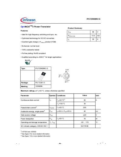 Infineon ipu135n08n3 rev2.11  . Electronic Components Datasheets Active components Transistors Infineon ipu135n08n3_rev2.11.pdf