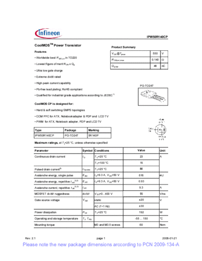 Infineon ipw50r140cp rev2[1].1 pcn  . Electronic Components Datasheets Active components Transistors Infineon ipw50r140cp_rev2[1].1_pcn.pdf