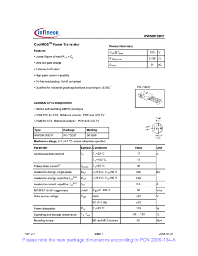Infineon ipw50r199cp rev2[1].1 pcn  . Electronic Components Datasheets Active components Transistors Infineon ipw50r199cp_rev2[1].1_pcn.pdf