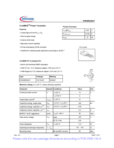 Infineon ipw50r250cp rev2[1].0 pcn  . Electronic Components Datasheets Active components Transistors Infineon ipw50r250cp_rev2[1].0_pcn.pdf