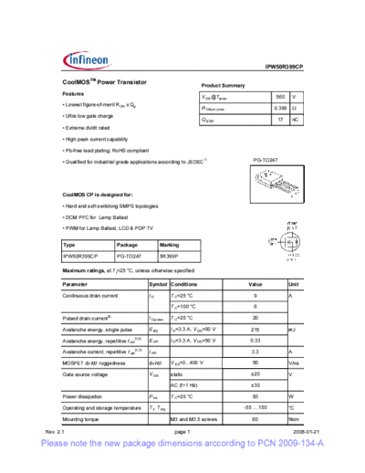 Infineon ipw50r399cp rev2[1].1 pcn  . Electronic Components Datasheets Active components Transistors Infineon ipw50r399cp_rev2[1].1_pcn.pdf