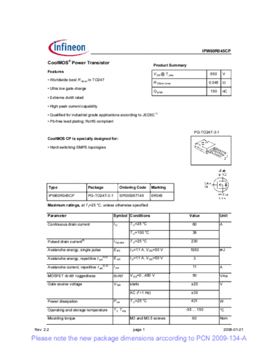 Infineon ipw60r045cp rev2[1].2 pcn  . Electronic Components Datasheets Active components Transistors Infineon ipw60r045cp_rev2[1].2_pcn.pdf