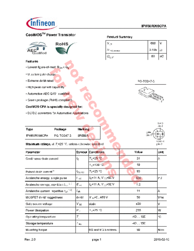 . Electronic Components Datasheets ipw60r099cpa  . Electronic Components Datasheets Active components Transistors Infineon ipw60r099cpa.pdf