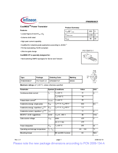 Infineon ipw60r099cp rev2[1].1 pcn  . Electronic Components Datasheets Active components Transistors Infineon ipw60r099cp_rev2[1].1_pcn.pdf