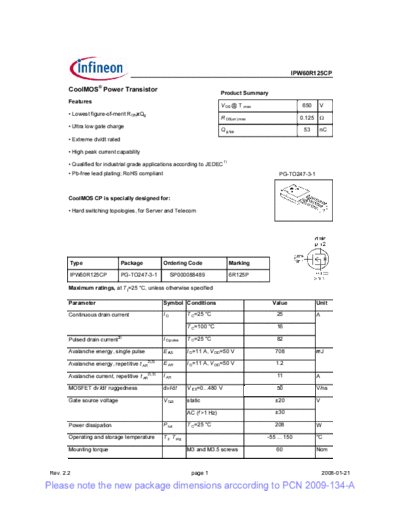 Infineon ipw60r125cp rev2[1].2 pcn  . Electronic Components Datasheets Active components Transistors Infineon ipw60r125cp_rev2[1].2_pcn.pdf