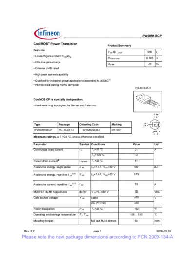 Infineon ipw60r165cp rev2[1].2 pcn  . Electronic Components Datasheets Active components Transistors Infineon ipw60r165cp_rev2[1].2_pcn.pdf