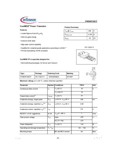 Infineon ipw60r199cp rev2.2a  . Electronic Components Datasheets Active components Transistors Infineon ipw60r199cp_rev2.2a.pdf