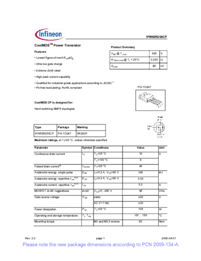 Infineon ipw60r250cp rev2[1].2 pcn  . Electronic Components Datasheets Active components Transistors Infineon ipw60r250cp_rev2[1].2_pcn.pdf