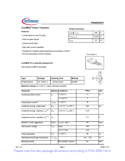 Infineon ipw60r299cp rev2[1].2 pcn  . Electronic Components Datasheets Active components Transistors Infineon ipw60r299cp_rev2[1].2_pcn.pdf