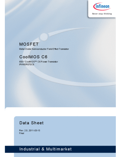 Infineon ipw65r070c6 2 0  . Electronic Components Datasheets Active components Transistors Infineon ipw65r070c6_2_0.pdf