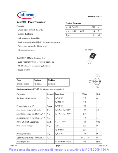 Infineon ipw90r1k0c3 1[1].0 pcn  . Electronic Components Datasheets Active components Transistors Infineon ipw90r1k0c3_1[1].0_pcn.pdf