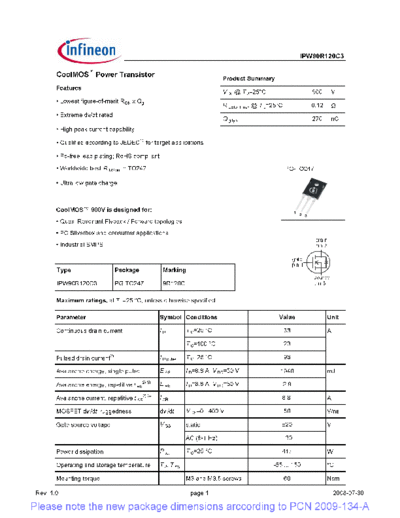 Infineon ipw90r120c3 1[1].0 pcn  . Electronic Components Datasheets Active components Transistors Infineon ipw90r120c3_1[1].0_pcn.pdf