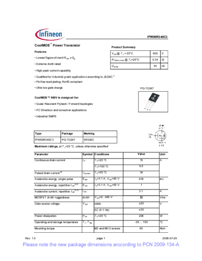 Infineon ipw90r340c3 1[1].0 pcn  . Electronic Components Datasheets Active components Transistors Infineon ipw90r340c3_1[1].0_pcn.pdf