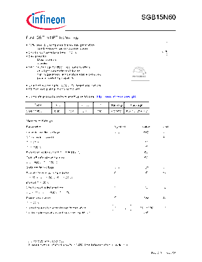 Infineon sgb15n60 rev2 3g  . Electronic Components Datasheets Active components Transistors Infineon sgb15n60_rev2_3g.pdf