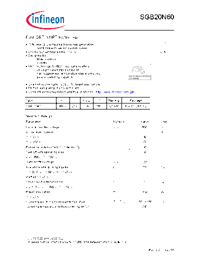 . Electronic Components Datasheets sgb20n60 rev2 2  . Electronic Components Datasheets Active components Transistors Infineon sgb20n60_rev2_2.pdf