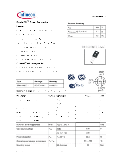 Infineon spa02n80c3 rev2.91 a  . Electronic Components Datasheets Active components Transistors Infineon spa02n80c3_rev2.91_a.pdf