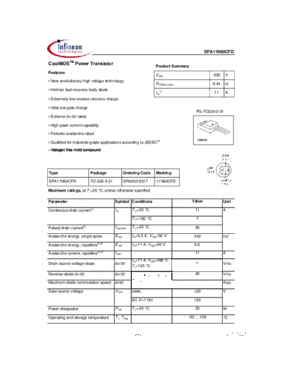 Infineon spa11n60cfd rev1.4  . Electronic Components Datasheets Active components Transistors Infineon spa11n60cfd_rev1.4.pdf