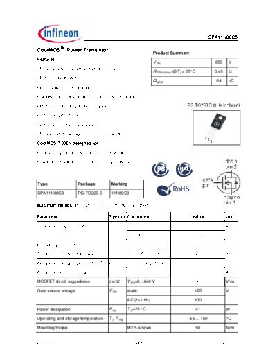 Infineon spa11n80c3 rev2.91 a  . Electronic Components Datasheets Active components Transistors Infineon spa11n80c3_rev2.91_a.pdf