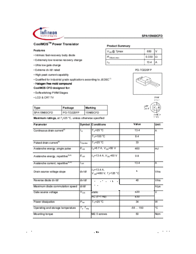 . Electronic Components Datasheets spa15n60cfd rev1.0  . Electronic Components Datasheets Active components Transistors Infineon spa15n60cfd_rev1.0.pdf